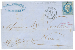 1869 20c(n°22) Obl. PC Du GC 2656 De NICE + MARSEILLE BAT. A VAP. Sur Lettre Avec Texte De MARSEILLE Pour NICE. Rare. In - Poste Maritime