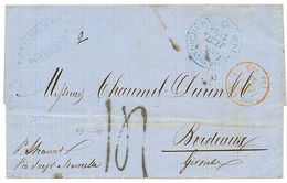 "TAXE 14 - PONDICHERY" : 1863 Grand Cachet Bleu BUREAU DE PONDICHERY + Rare Taxe 14 Sur Lettre Pour La FRANCE. TTB. - Autres & Non Classés