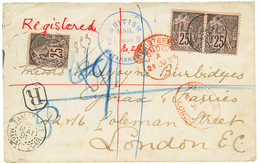"BRITISH MAIL En RECOMMANDE" : 1891 CG 25c (x3) Obl. TAMATAVE MADAGASCAR + BRITISH MAIL ANTANANARIVO Bleu Sur Enveloppe  - Autres & Non Classés