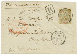 1903 50c (n°50) Obl. REUNION HELL-BOURG + REGISTERED MAURITIUS Sur Enveloppe RECOMMANDEE Pour BOGANVANTALAWA (CEYLON). R - Other & Unclassified