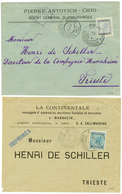 SCIO : 1905 10p Canc. SCIO + IMPRIMES In Blue On Envelope (printed Matter Rate) To TRIESTE And 1909 2 PIASTER Canc. SCIO - Levant Autrichien