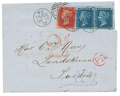 1872 1d + 2d (x2) Canc. HULL + "2d 1/2" Tax Marking On Entire Letter To LANDSKRONA (SWEDEN). Vvf. - Autres & Non Classés