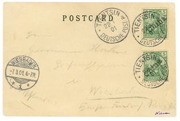 1901 5pf (n°9)x2 Canc. TIENTSIN On Card To WIESBADEN. Signed WILLEMANN. RARE. Vvf. - Other & Unclassified