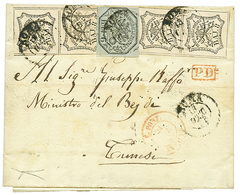 PAPAL STATES To TUNISIA : 1853 6B + 8B(x4) Canc. ROMA On Entire Letter To TUNISIA. Verso, Cds TUNIS + BONE ALGERIE. Extr - Non Classés