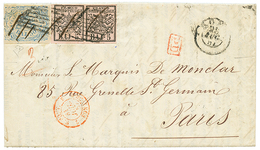 PAPAL STATES : 1857 50B + Superb Pair 5B Pen Cancel + Grill Entire Letter From ROMA To PARIS (FRANCE). RARE. Superb - Unclassified