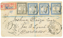 COOK ISLANDS To BARBADOS : 1892 1d + 2 1/2d (x3) Canc. RAROTONGA + REGISTERED AUCKLAND + US REGISTERED Label On Envelope - Cook