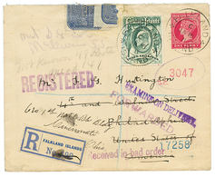 1911 P./Stat 1d Red + 3 SHILLING Canc. FALKLAND + FORWARDED + RECEIVED IN BAD ORDER Sent REGISTERED ToPHILADELPHIA (USA) - Falkland