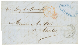 1858 BUREAU DE PONDICHERY + COL. FRA V.SUEZ AMB 1 + Boxed PD (Paid In Cash) On Entire Letter From PONDICHERY To FRANCE.  - Other & Unclassified