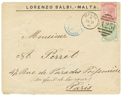 1881 1/2d Green + 2d Pink Canc. A25 + MALTA On Cover To FRANCE. Scarce . Superb. - Malta