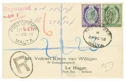 1903 1 SHILLING + 1/2d Canc. A25 + REGISTERED MALTA On Envelope To HOLLAND. Vvf. - Malte