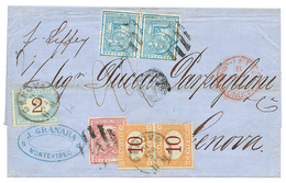 1874 URUGUAY Pair 5c + 20c + SHIP LETTER LONDON + "22" Tax Marking + ITALIAN POSTAGE DUES 10c(x2) + 2 LIRE Canc. GENOVA. - Uruguay