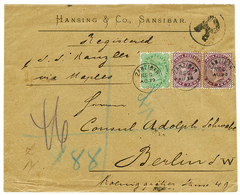 1893 INDIA 1a (x2) + 2a 6p Canc. ZANZIBAR /REG. On REGISTERED Commercial Envelope To BERLIN. RARE. Superb. - Andere & Zonder Classificatie