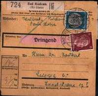 ! 1943 Paketkarte Deutsches Reich, Bad Kudowa Nach Leipzig, Hindenburg Zusammendrucke - Cartas