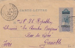 CARTE-LETTRE SOUDAN. ENTIER 25c. 8 JUIN 1924. SIKASSO POUR GRENOBLE SANS RABAT / 2 - Brieven En Documenten