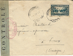 1941- Enveloppe De BEYROUTH Pour Faux ( Dordogne ) Censure Bande CONTROLE  / L. O. 02 Rouge - Lettres & Documents