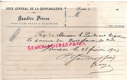 TUNISIE - SOUSSE - RARE FACTURE GAUDIOZ FRERES- DOCK GENERAL QUINCAILLERIE- RUE JULES FERRY ET RUE DU MARCHE-1903 - Other & Unclassified