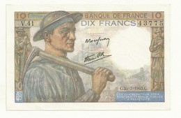 BILLET 10 F   MINEUR  C.25.3.1943.C.  2 TROUS EPINGLE  SPL  Référence FAYETTE  F.08 08 - 10 F 1941-1949 ''Mineur''