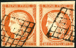 Oblit. N°5 40c Orange, Paire Grille Signé Scheller - TB - 1849-1850 Cérès