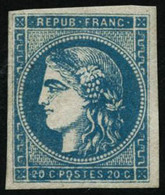 ** N°45C 20c Bleu, Type II R3, Pli De Gomme Vertical - B - 1870 Emission De Bordeaux