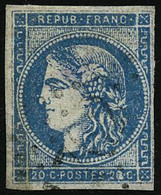 Oblit. N°45Cb 20c Outremer Type II, R3 Infime Pelurage Au Verso Très Rare - B - 1870 Bordeaux Printing