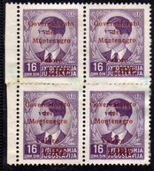 MONTENEGRO 1942 SOPRASTAMPA ROSSA RED OVERPRINTED LIRE On 16d QUARTINA BLOCK MNH - Montenegro