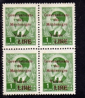 MONTENEGRO 1942 GOVERNATORATO RED OVERPRINTED SOPRASTAMPA ROSSA LIRE On 1d QUARTINA BLOCK MNH - Montenegro