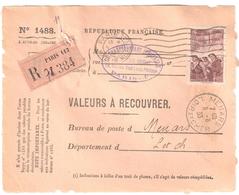 PARIS 113 Valeur à Recouvrer N°1488 2,15 F Mineurs Yv 390 Dest MENARS Loir Et Cher  Recommandé Etiquette Rose Tf 20 4 38 - Cartas