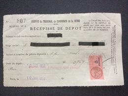 TIMBRE FISCAL SUR DOCUMENT Recepisse De Dépôt GREFFE Du TRIBUNAL De COMMERCE De La SEINE *3 Francs NEUILLY/s SEINE 1950 - Cartas & Documentos