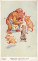 Lawson Wood Artist Image, 'Gran Pop Discloses Secrests Of Masonry' Chimpanzee Pig Theme C1940s Vintage Postcard - Wood, Lawson