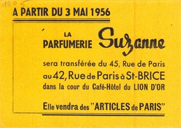 Ancien Buvard Collection LA PARFUMERIE SUZANNE SERA TRANSFEREE AU 42 RUE DE PARIS A ST BRICE CAFE HOTEL LION D OR - Perfumes & Belleza