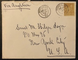 Lettre Sage Tarif à 25c N°92 25c Bistre De Toulon Seul Sur Lettre Pour Les USA New York TTB - 1876-1898 Sage (Tipo II)