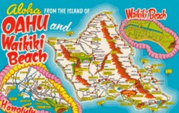 Map Of Oahu Island Hawaii, Honolulu And Waikiki Beach, C1960s/70s Vintage Postcard - Oahu