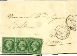 PC 774 / N° 12 Vert Foncé Sur Vert (3ex. Belles Marges) Càd T 15 CHATEAU-RENAULT (36) Sur Bande D'imprimé Pour Turin, Cà - 1853-1860 Napoléon III.