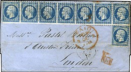 Rouleau De Pointillés / N° 14 Bande De 7 (1 Ex Def) + 1 Ex (def) Sur Lettre 4 Ports Pour Londres. 1855. - TB / SUP. - R. - 1853-1860 Napoléon III.