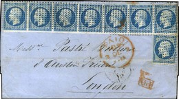 Rouleau De Pointillés / N° 14 Bande De 7 (1 Ex Def) + 1 Ex (def) Sur Lettre 4 Ports Pour Londres. 1855. - TB / SUP. - R. - 1853-1860 Napoleon III