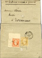 PC 1183 / N° 13 Jaune Citron + N° 16 Orange Vif, Grand Cdf Càd T 15 EPERNAY (49) Sur Bande D'imprimé Pour Dormans. 1858. - 1853-1860 Napoleon III