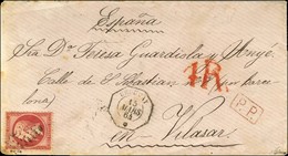 Ancre / N° 24 Càd Octo URUGUAY / * + P.P. Rouge Local Sur Lettre Pour Barcelone, Taxe Espagnole 4 Rs Rouge. 1864. - TB / - 1862 Napoleon III