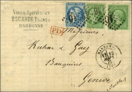 GC 2610 / N° 20 (2) + 46 Infime Def Càd T 17 NARBONNE (10) Sur Lettre Pour Genève. 1871. - TB. - R. - 1870 Emisión De Bordeaux