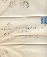 Año 1858 Yvert 14 Carta Noyon A Charleville . Cachets Noyon, Charleville, 2316, Paris 3º - 1853-1860 Napoléon III.