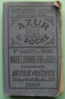 AZUR De POCHE De 1922 - Supplément Gratuit De L'annuaire - Telephone Directories
