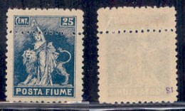 OCCUPAZIONI I GUERRA MONDIALE - FIUME - 1919 - 25 Cent (57b) Con Doppia Dentellatura Orizzontale - Gomma Originale - Cer - Other & Unclassified