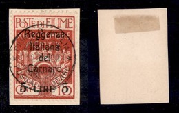 OCCUPAZIONI I GUERRA MONDIALE - FIUME - 1920 - 5 Lire Su 10 Cent (145) Usato Su Frammento - Molto Bello - Cert. AG (300+ - Altri & Non Classificati