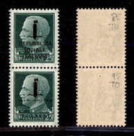 RSI - PROVVISORI - 1944 - Torino - 25 Cent (491/491ma) - Coppia Verticale (pos. 85/95) Con Soprastampa Parziale (solo Fa - Altri & Non Classificati