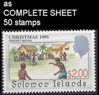 Solomon Islands 1991 Christmas $2.00 Cricket Palm Tree COMPLETE SHEET:50 Stamps - Cricket