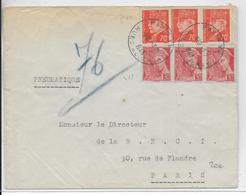 1943 - SUPERBE AFFRANCHISSEMENT PETAIN / MERCURE Sur ENVELOPPE  PNEUMATIQUE De PARIS XV - GRIFFE "LES PNEU...." AU DOS - Lettres & Documents