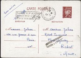 Entier 1,2 Petain Paris 1942 Cachet Paris RP Avion Surtaxe Aérienne Perçue + Service Interrompu Retour Envoyeur - Standard Postcards & Stamped On Demand (before 1995)