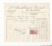 Facture , L'AMEUBLEMENT GENERAL , Union Des Fabricants ,LIMOGES ,1946 ,timbrée,frais Fr 1.55 E - 1950 - ...