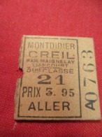 Ticket Ancien Usagé/MONTDIDIER-CREIL/3éme Classe/ALLER/Le Jour Même/Prix 3,95/Vers 1920-1950  TCK68 - Europe