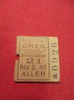 Ticket Ancien Usagé/MONTDIDIER-CREIL/3éme Classe/ALLER/Le Jour Même/Prix 3,95/Vers 1920-1950  TCK70 - Europa