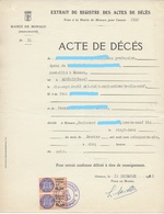 FISCAUX  MONACO SERIE UNIFIEE  N°31 0,50NF 2 Exorange Sur Acte De Decès Du 13 Decembre 1962 - Fiscales